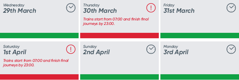 Rail strikes will impact Stansted Express on Thursday 30th March and Saturday 1 April, our trains start from 07:00 and finish final journeys by 23:00.