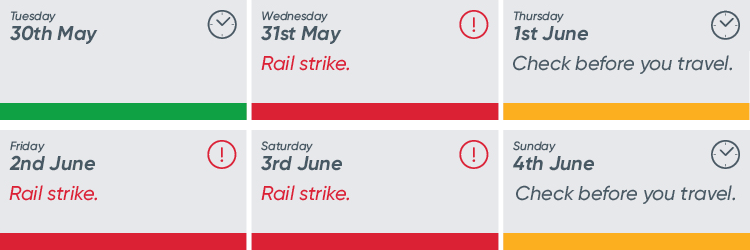 Rail Strike on 31 May, 2 and 3 June. Check before you travel on 1 and 4 June