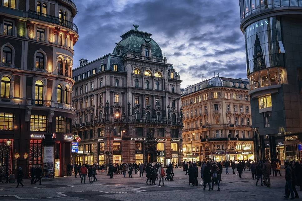 Buildings and people in town square