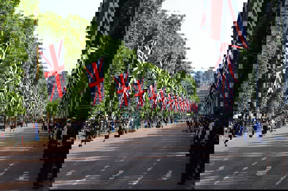 Buckingham Palace road lined with union jack flags